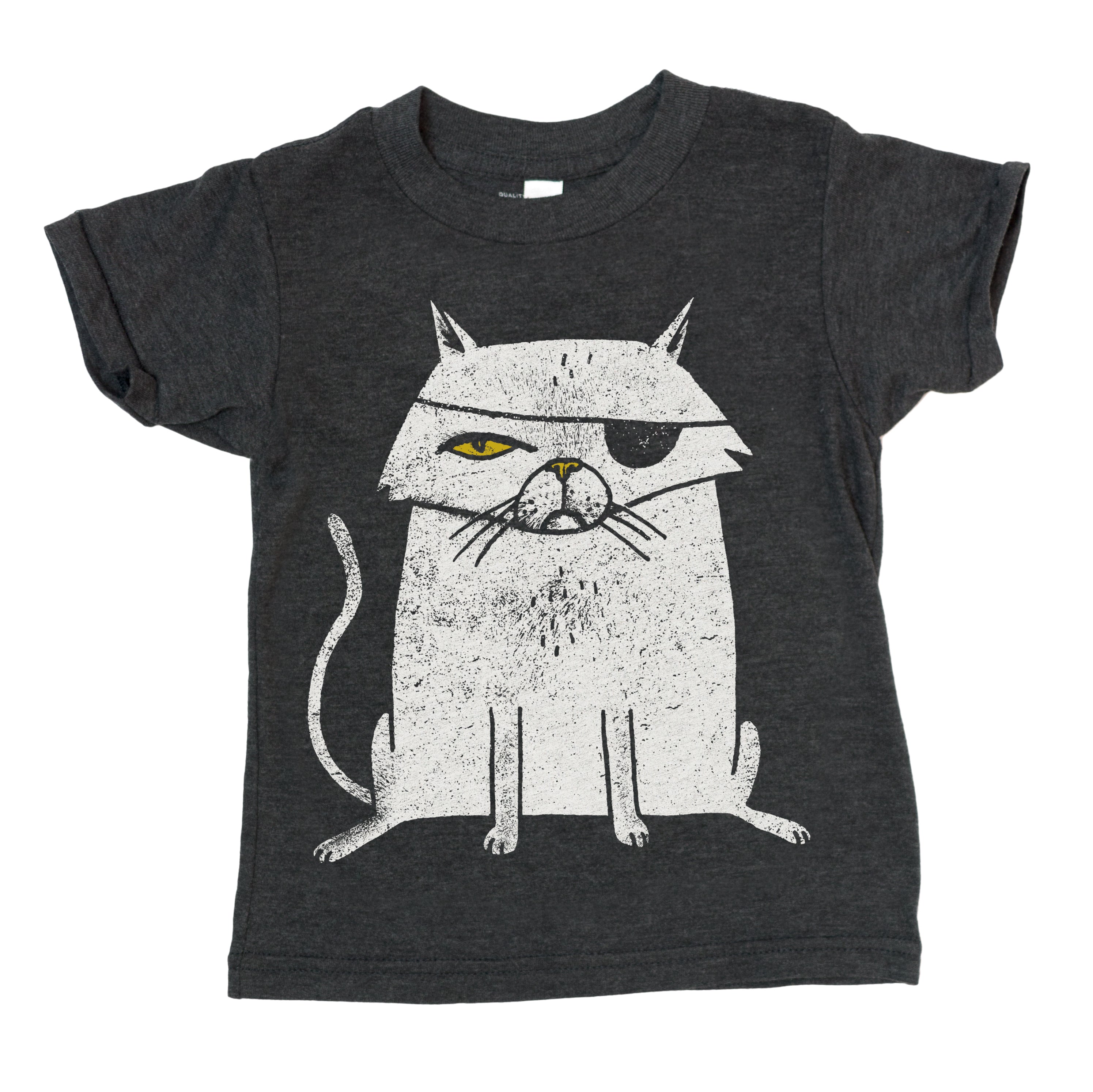 Super soft gray kids/infant graphic tshirt of a one eyed cat with an eyepatch. The cat looks like a pirate or an evil Bond villian. Factory 43 is a graphic design studio that makes art with a PNW vibe that reflects their Midwest/Southern roots. This cotton/polyester/rayon shirt printed in Seattle, Washington. The cat is white with a yellow eye and nose.
