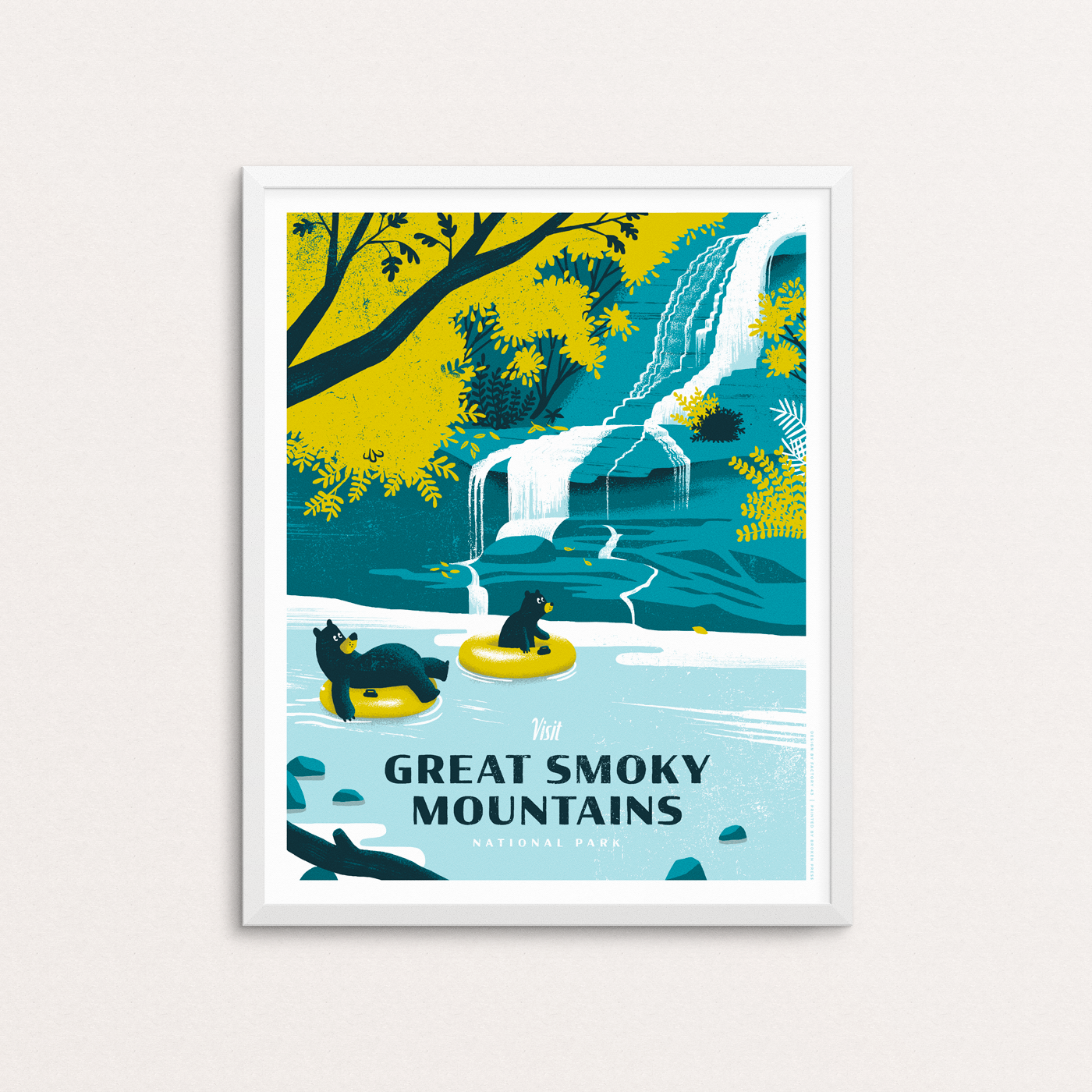 Bears enjoy the waterfalls near Deep Creek area of Great Smoky Mountains National Park, which park overlaps North Carolina and Tennessee. Poster is shown in a white frame.