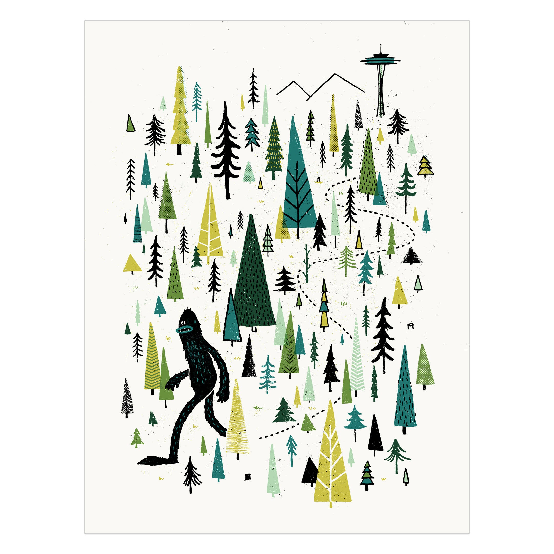 Sasquatch or Big Foot walking in the forest from mountains and the Seattle Space Needle. The illustration is screen printed on white paper with various greens and black inks.