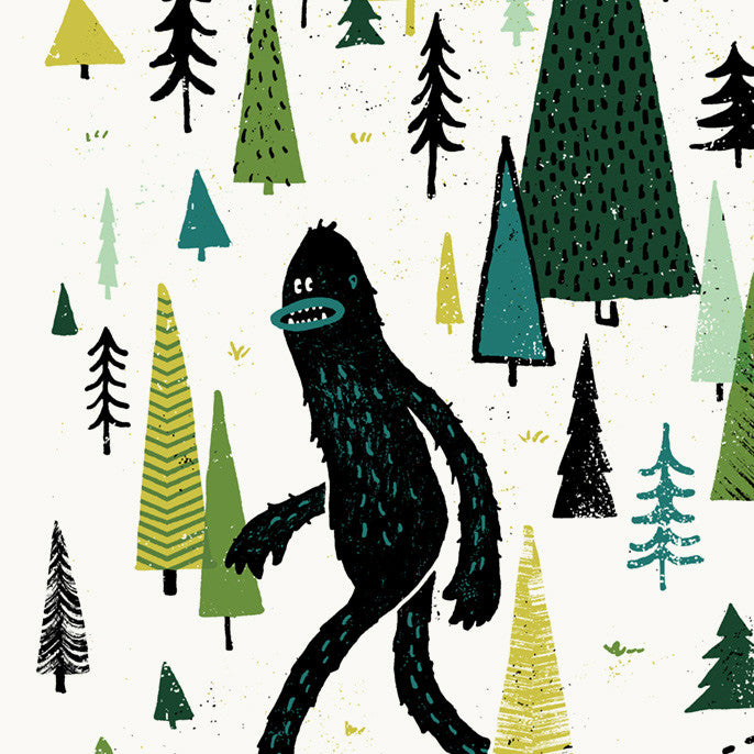 Close up detail of Sasquatch or Big Foot walking in the forest from mountains and the Seattle Space Needle. The illustration is screen printed on white paper with various greens and black inks.