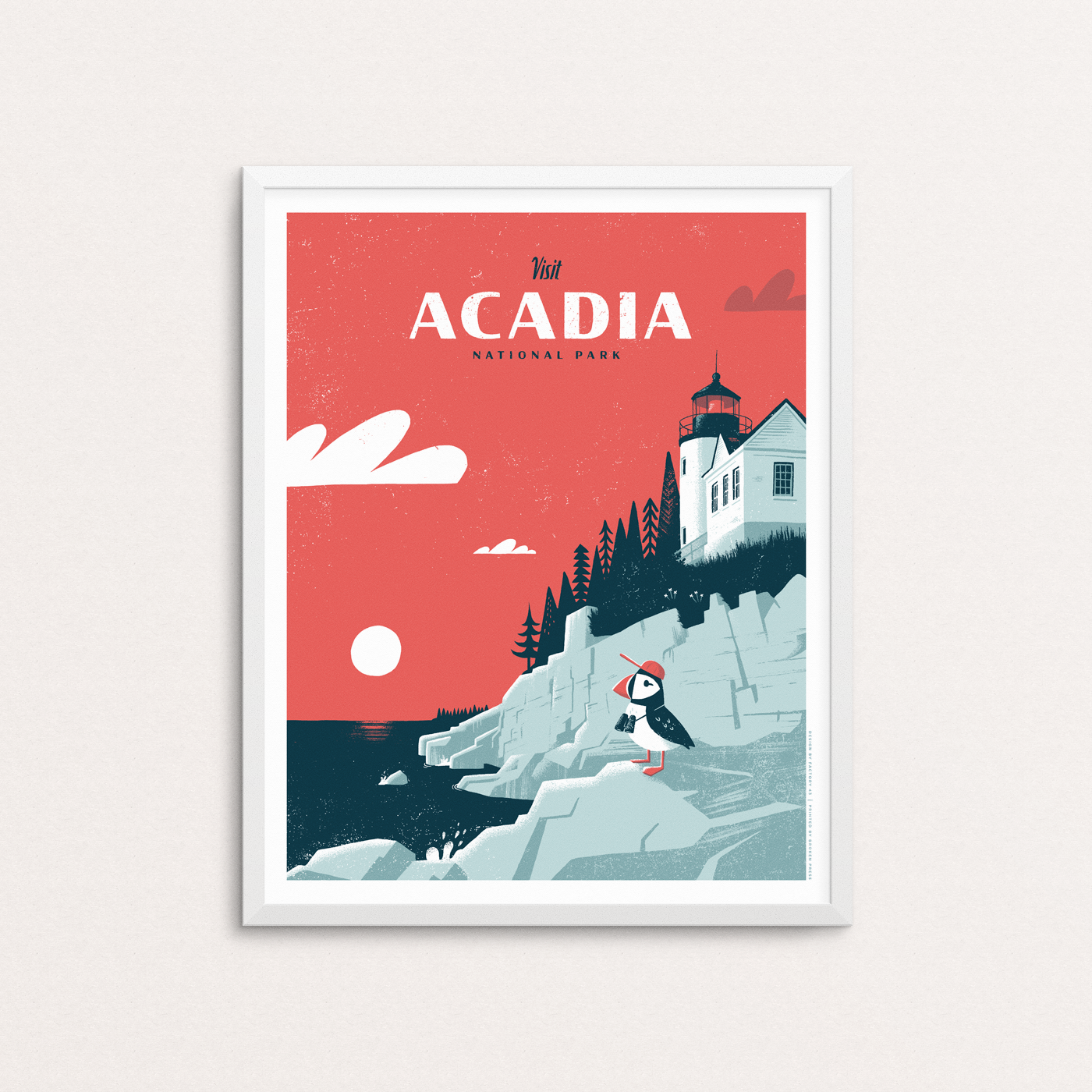 Acadia National Park poster featuring a puffin wearing a hat and binoculars near the Baker Island Light Station lighthouse in Maine.