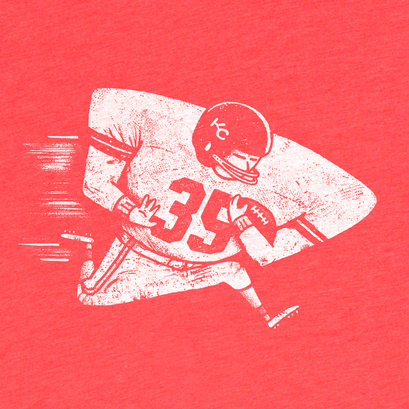 Detail of super soft red mens/womens tee of an arrowhead shaped football player running. Factory 43 is a graphic design studio that makes art with a PNW vibe that reflects their Midwest/Southern roots. This cotton/polyester/rayon was printed in Seattle, Washington. 