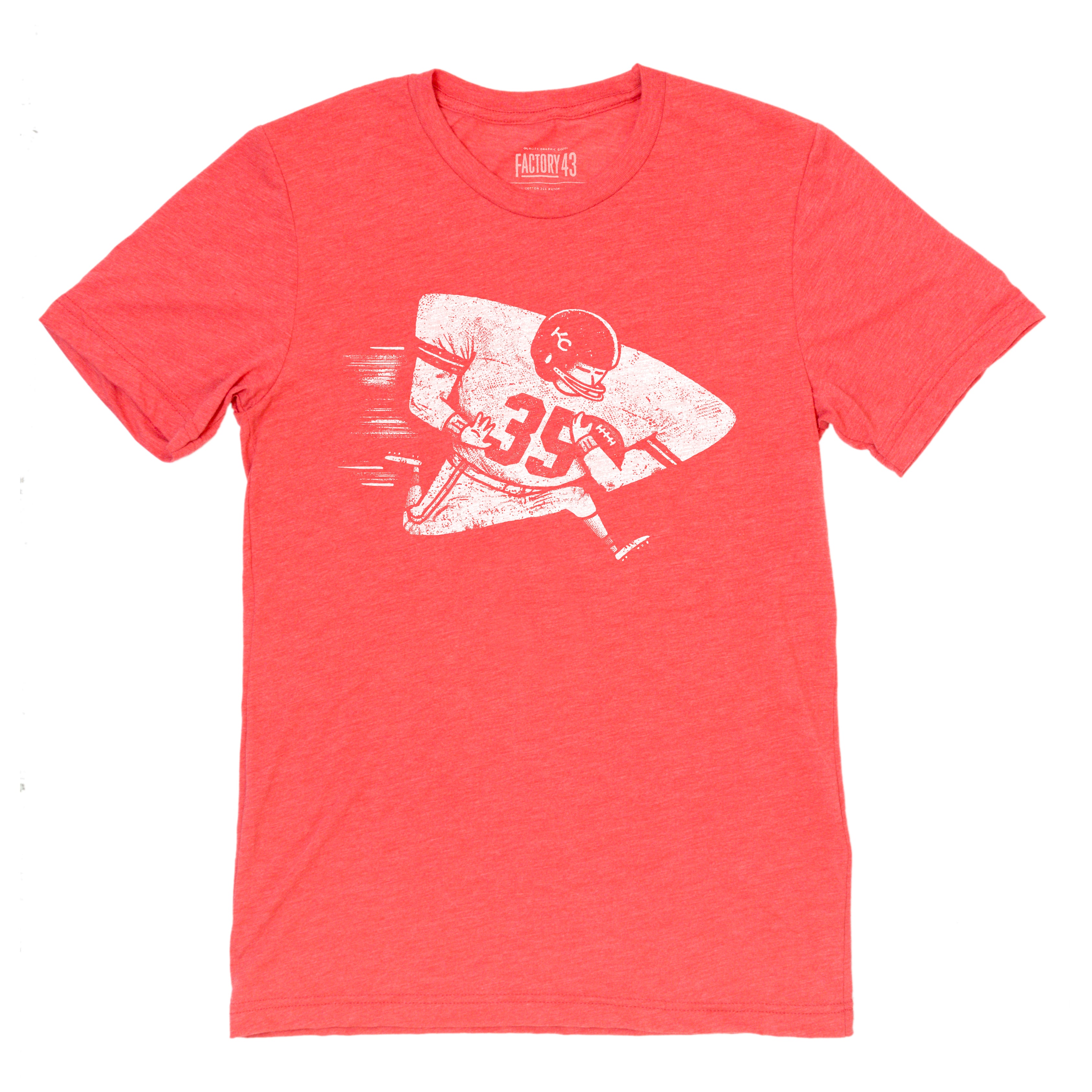 Super soft red mens/womens tee of an arrowhead shaped football player running. Factory 43 is a graphic design studio that makes art with a PNW vibe that reflects their Midwest/Southern roots. This cotton/polyester/rayon was printed in Seattle, Washington. 