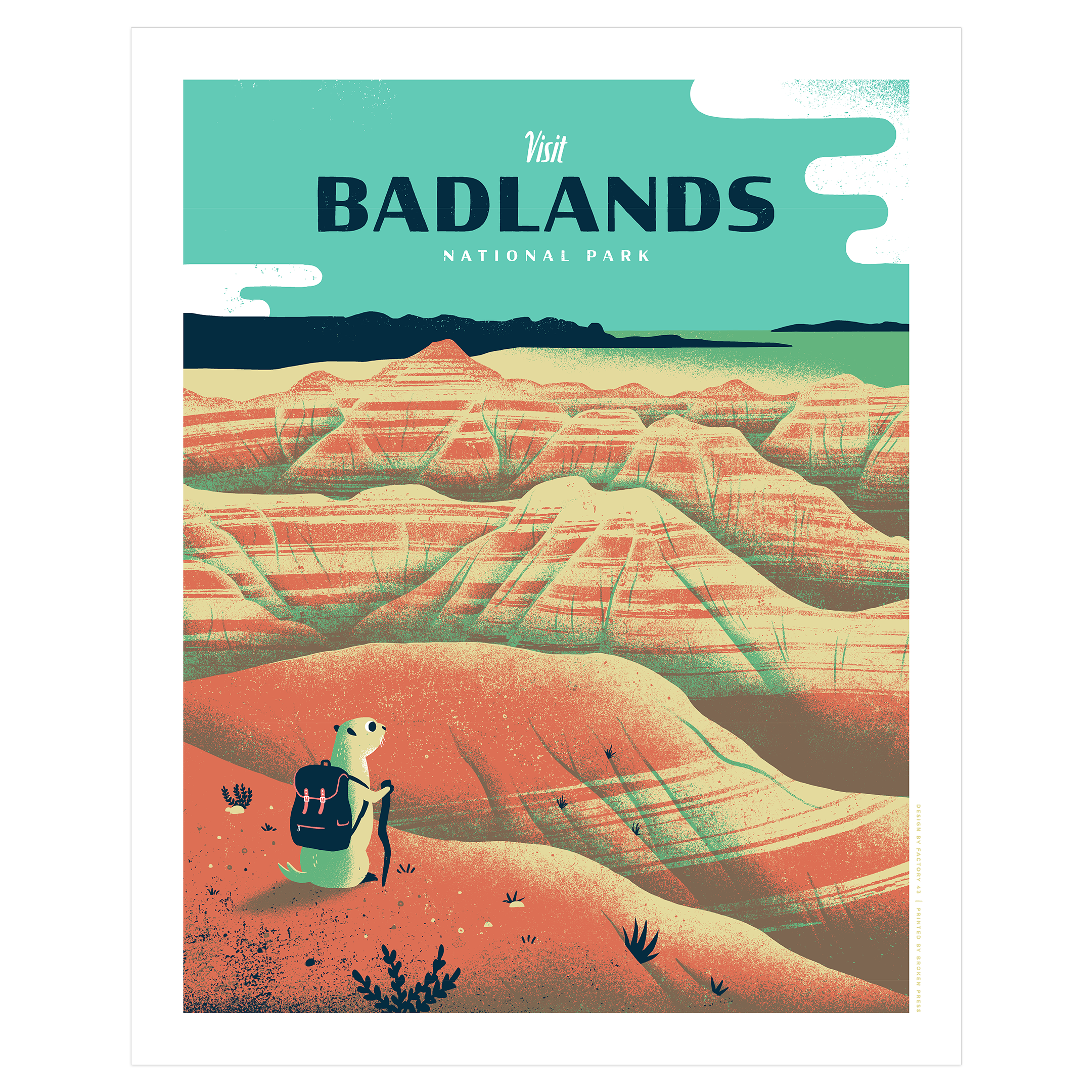 Badlands National Park screenprinted poster print. It features South Dakota, black foot ferret, Bear Butte and the Black Hills.