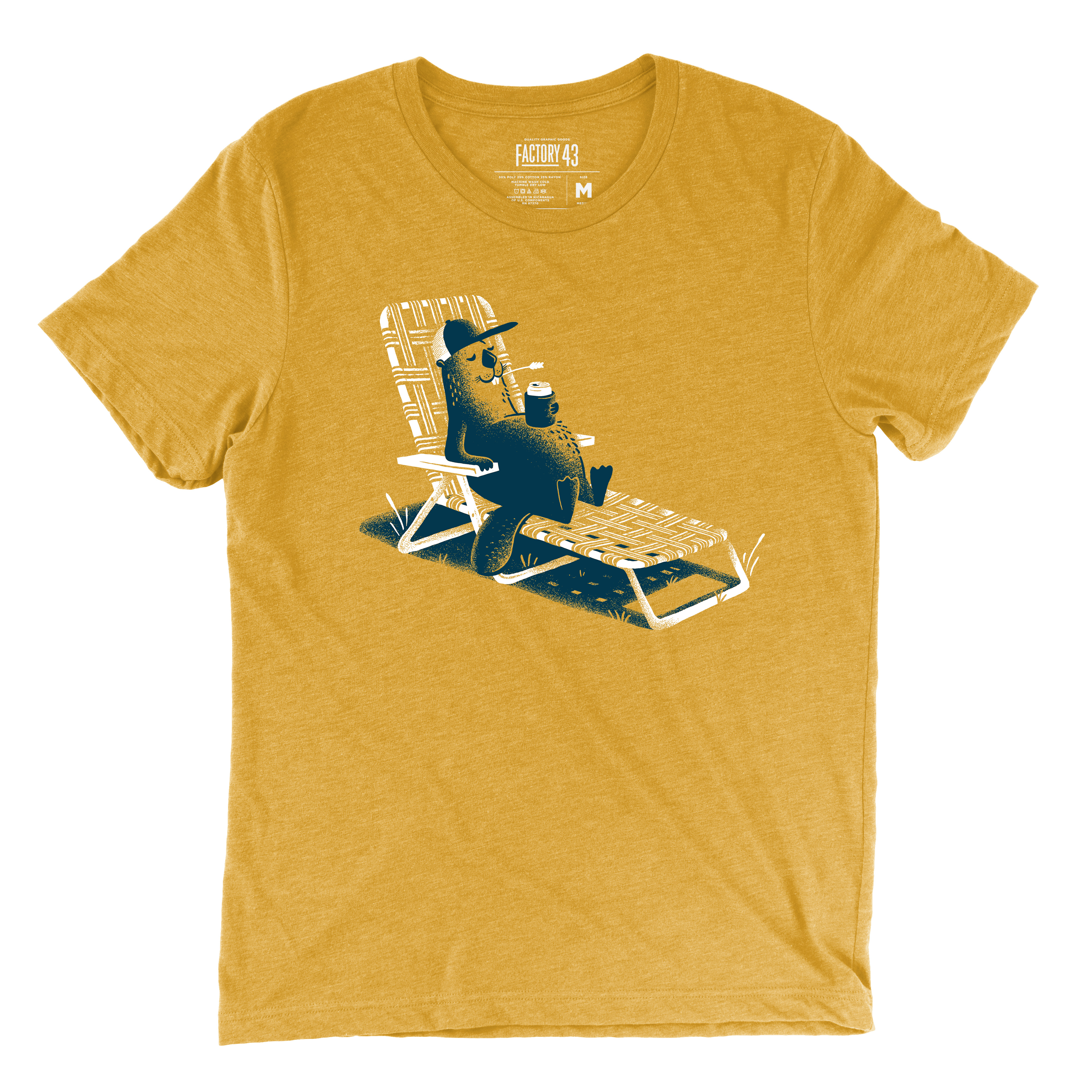 Mustard yellow tee of beaver in a lawnchair drinking a beer or soda. 