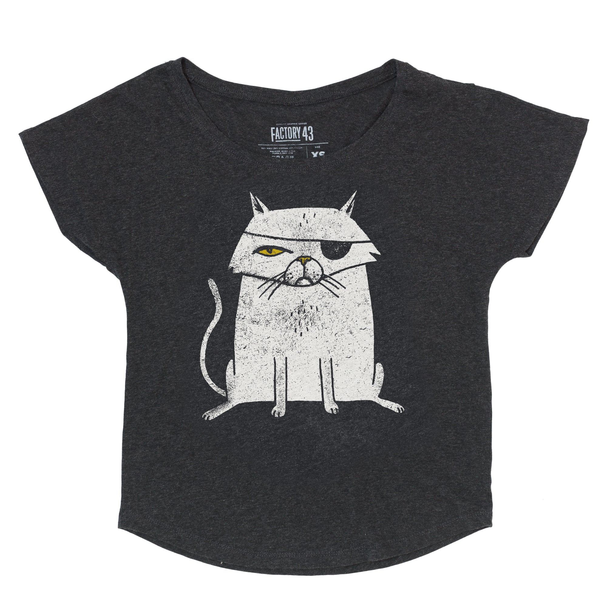 Dolman style of super soft gray black womens tshirt of a one eyed cat with an eyepatch. The cat looks like a pirate or an evil Bond villian. Factory 43 is a graphic design studio that makes art with a PNW vibe that reflects their Midwest/Southern roots. This cotton/polyester/rayon shirt printed in Seattle, Washington. The cat is white with a yellow eye and nose.
