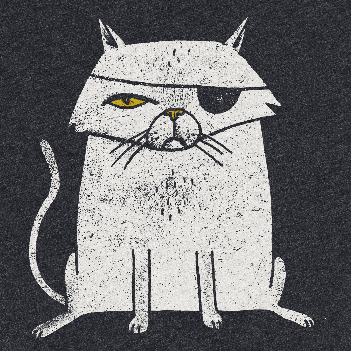 Detail of super soft gray black womens tshirt of a one eyed cat with an eyepatch. The cat looks like a pirate or an evil Bond villian. Factory 43 is a graphic design studio that makes art with a PNW vibe that reflects their Midwest/Southern roots. This cotton/polyester/rayon shirt printed in Seattle, Washington. The cat is white with a yellow eye and nose.