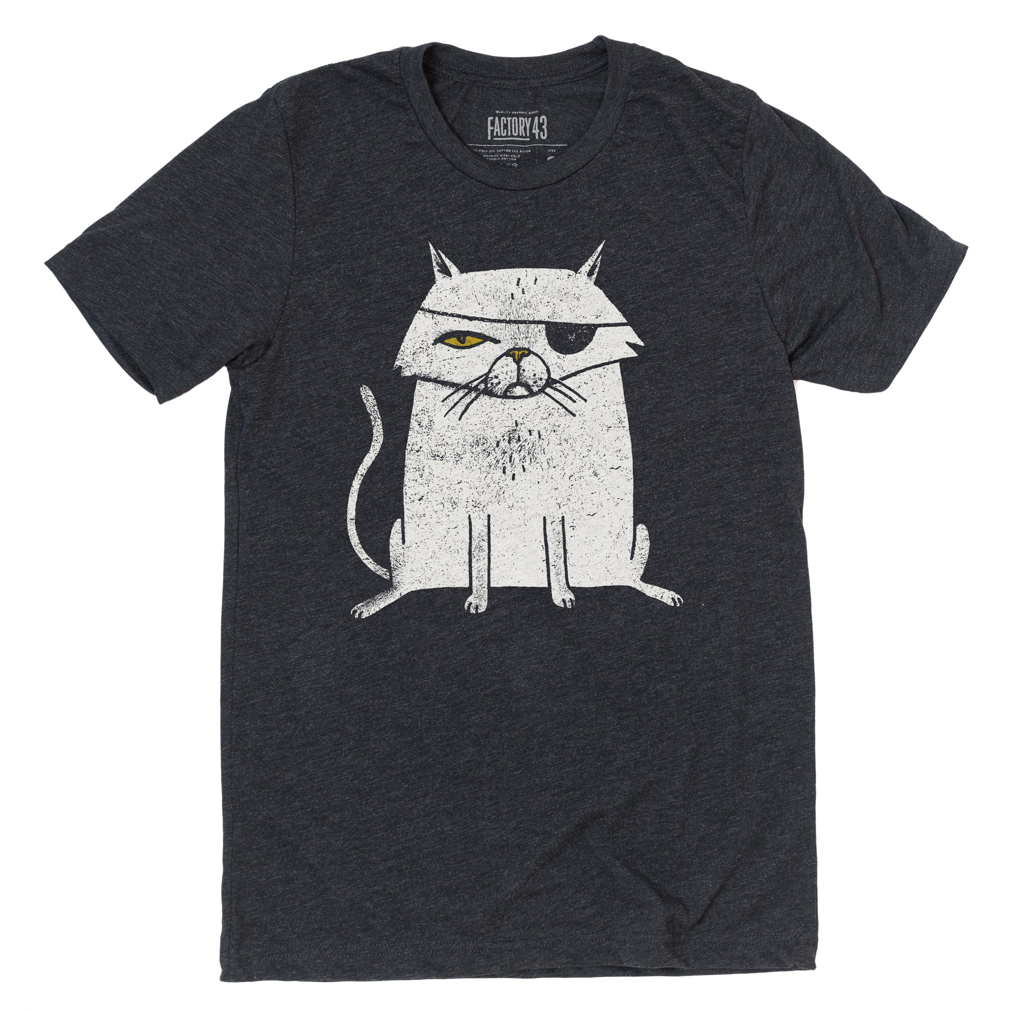 Super soft gray black mens/womens graphic tshirt of a one eyed cat with an eyepatch. The cat looks like a pirate or an evil Bond villian. Factory 43 is a graphic design studio that makes art with a PNW vibe that reflects their Midwest/Southern roots. This cotton/polyester/rayon shirt printed in Seattle, Washington. The cat is white with a yellow eye and nose.
