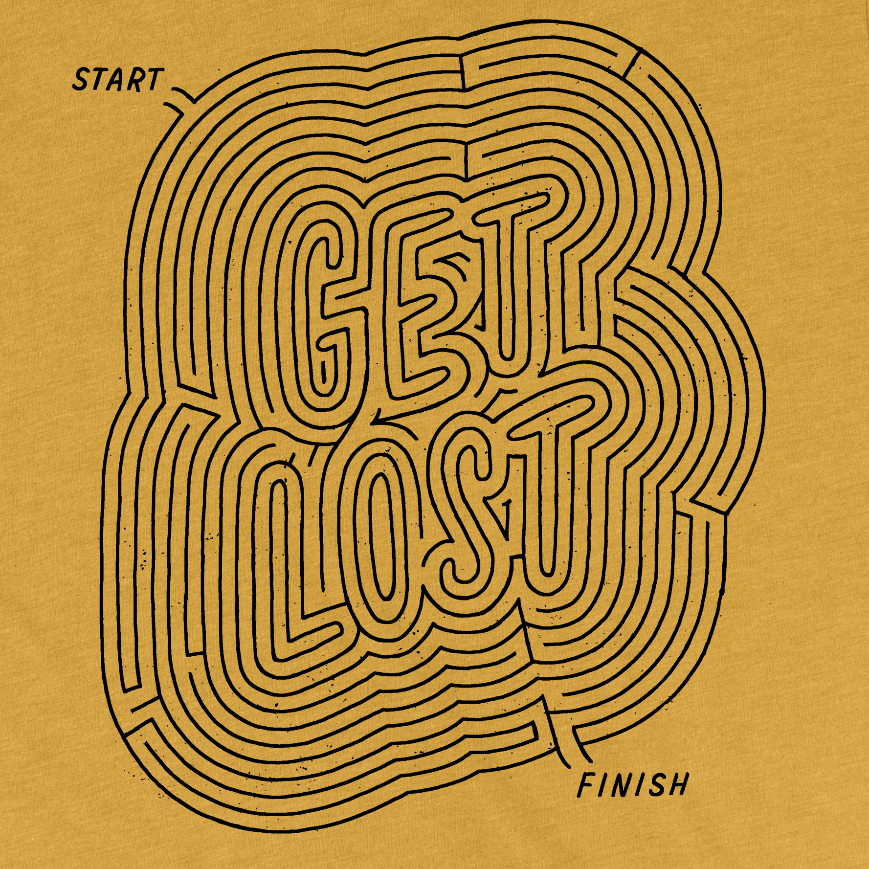 Detail of super soft graphic mustard yellow mens/womens tshirt of the words Get Lost made up of a maze with a start and finish part of the maze. Factory 43 is a design studio that makes art with a PNW vibe that reflects their Midwest/Southern roots. This cotton/polyester tee was printed in Seattle, Washington.
