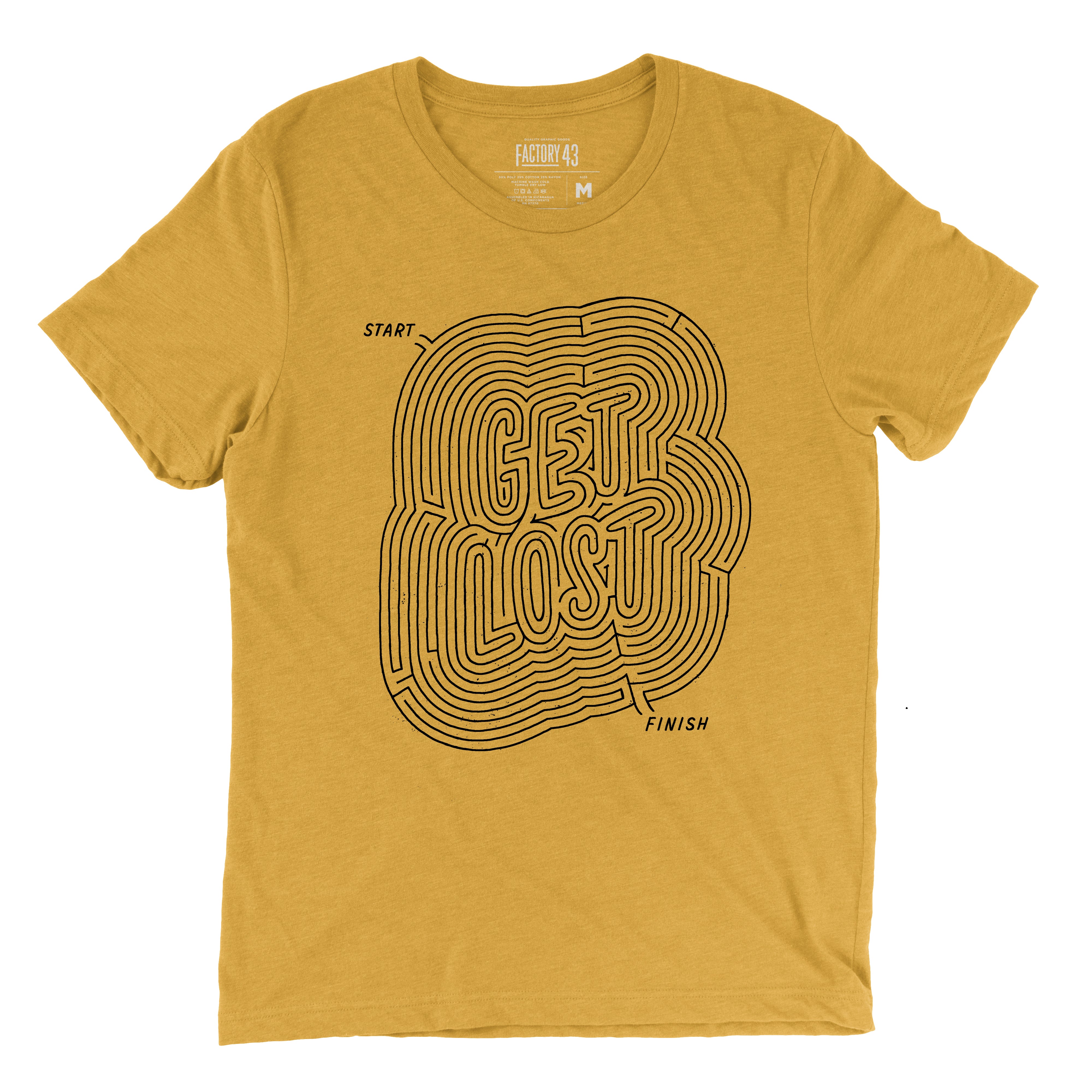 Super soft graphic mustard yellow mens/womens tshirt of the words Get Lost made up of a maze with a start and finish part of the maze. Factory 43 is a design studio that makes art with a PNW vibe that reflects their Midwest/Southern roots. This cotton/polyester tee was printed in Seattle, Washington.
