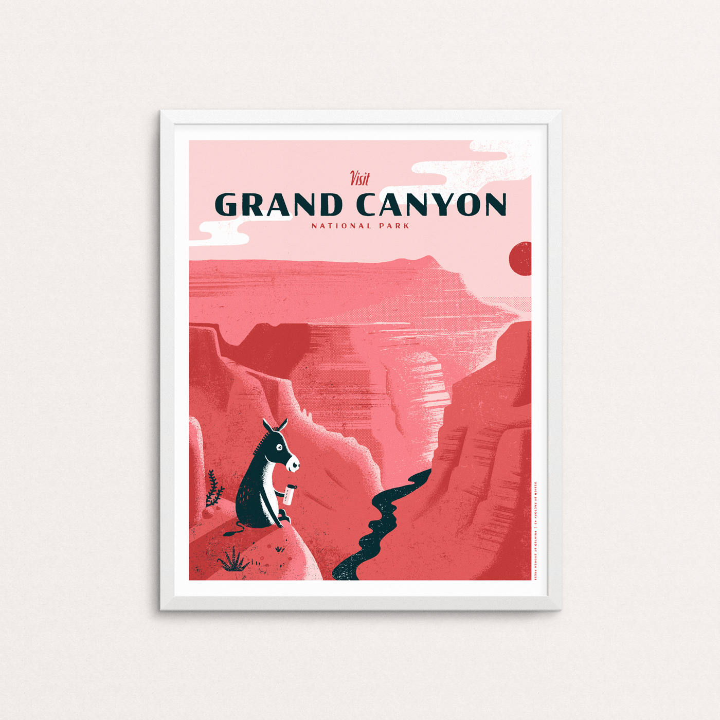 A mule takes a rest to admire the Colorado River snaking its way through Grand Canyon National Park in Arizona. Poster is shown in a white frame.
