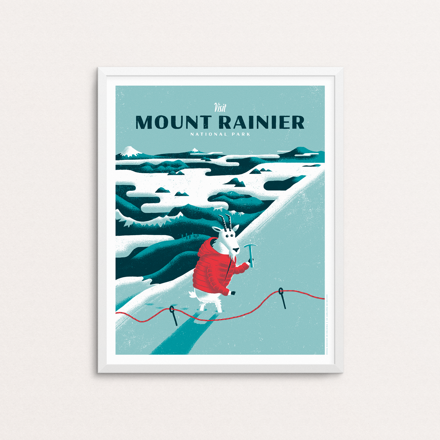 Mount Ranier National Park screenprinted poster print featuring mountain goat in red puffer jacket climbing the Washington state icon. Poster is shown in a white frame.